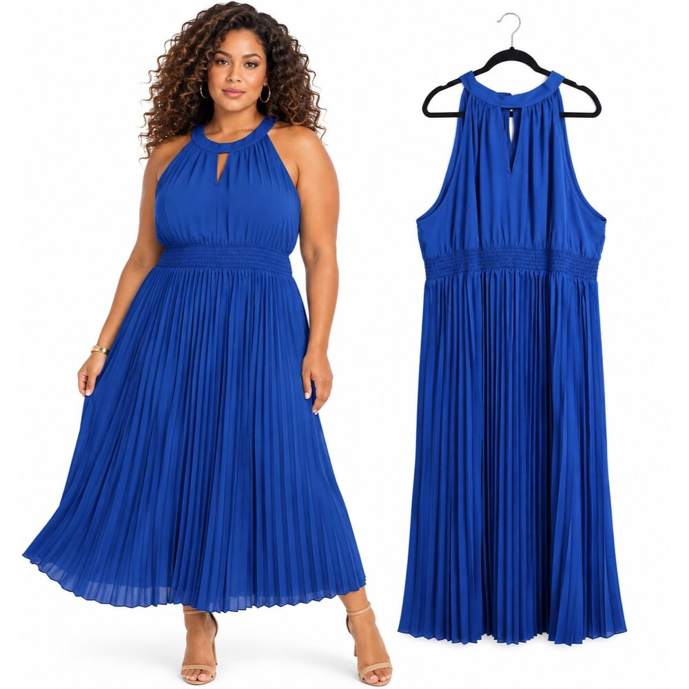 New Womens Plus Size Halter Neck Sleeveless Pleated Midi Dress Size 4XL Flowy